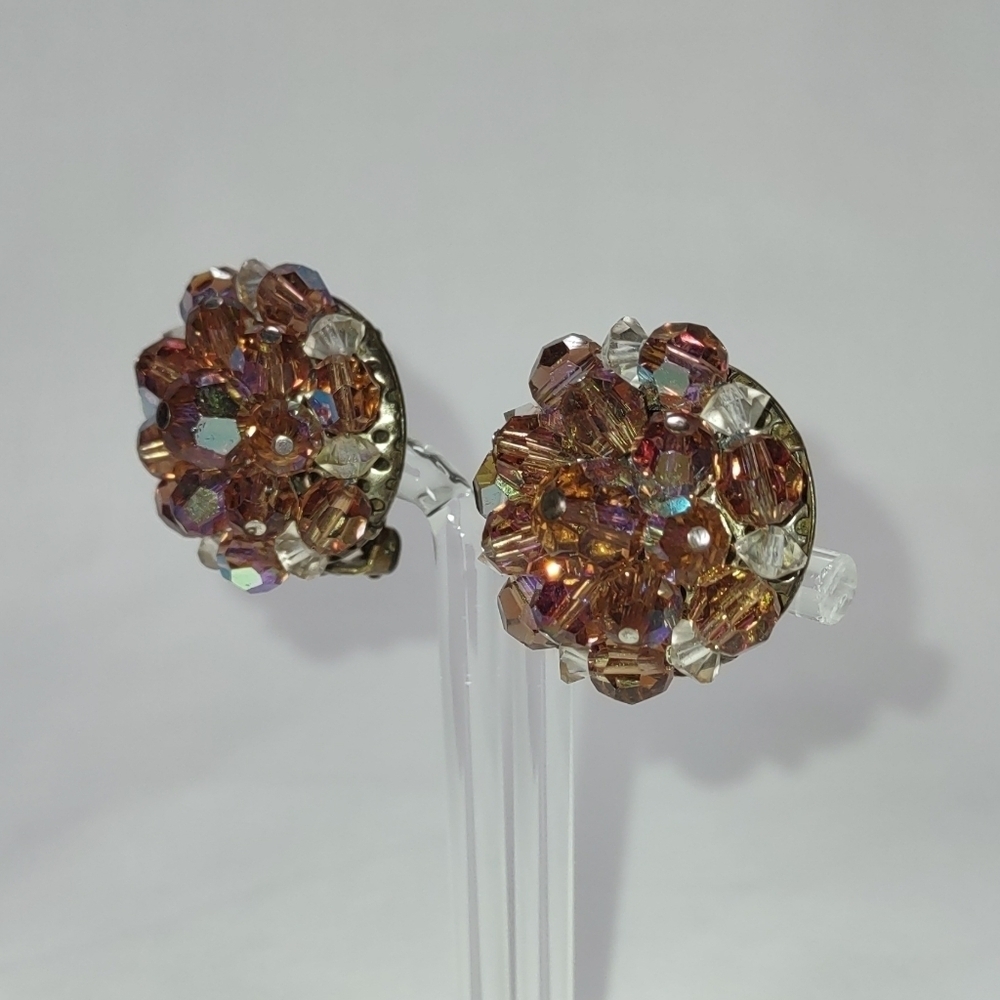 Vintage Topaz Brown Aurora Borealis Glass Bead Cluster Clip On Earrings